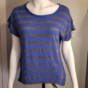 Calvin Klein Blue & Silver Striped Fringe Collar Tee Medium Fairycore Metallic
